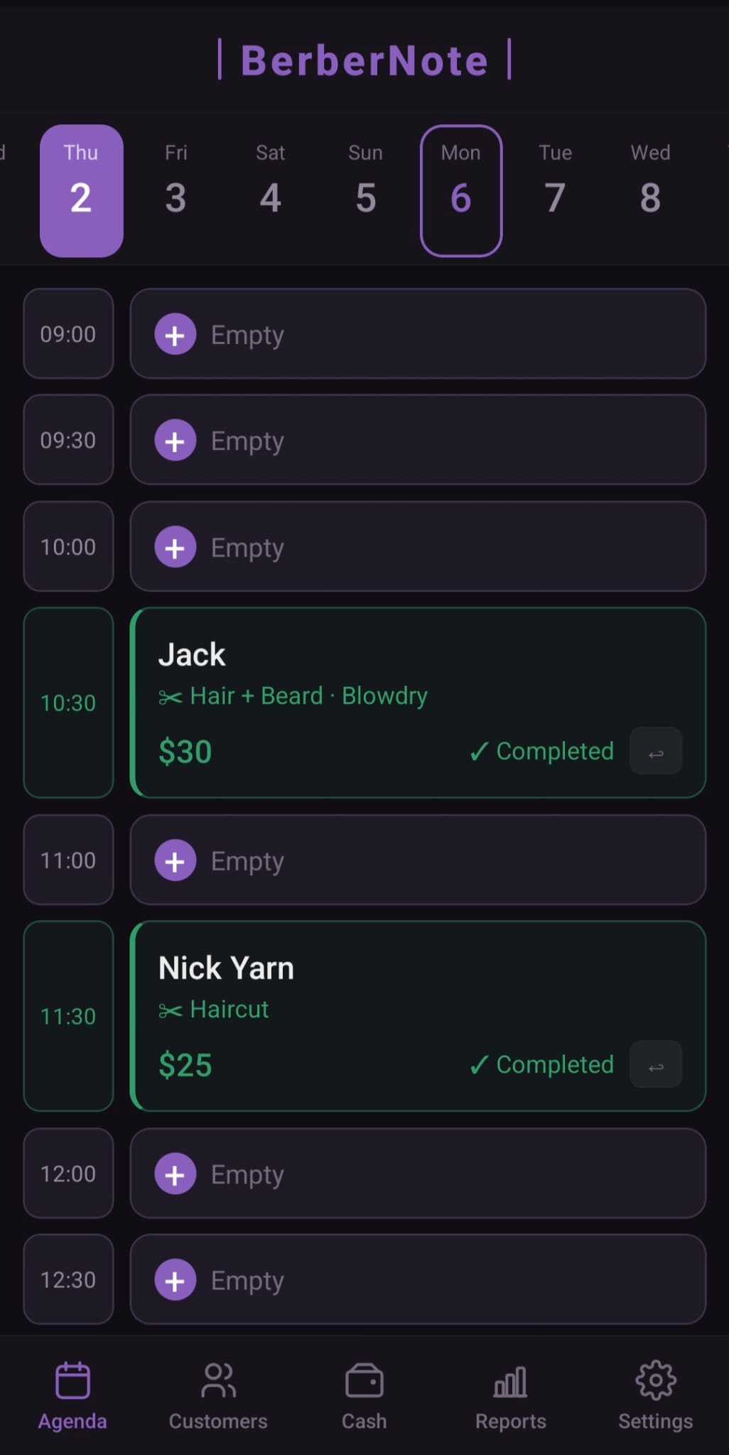BarberNote agenda screen