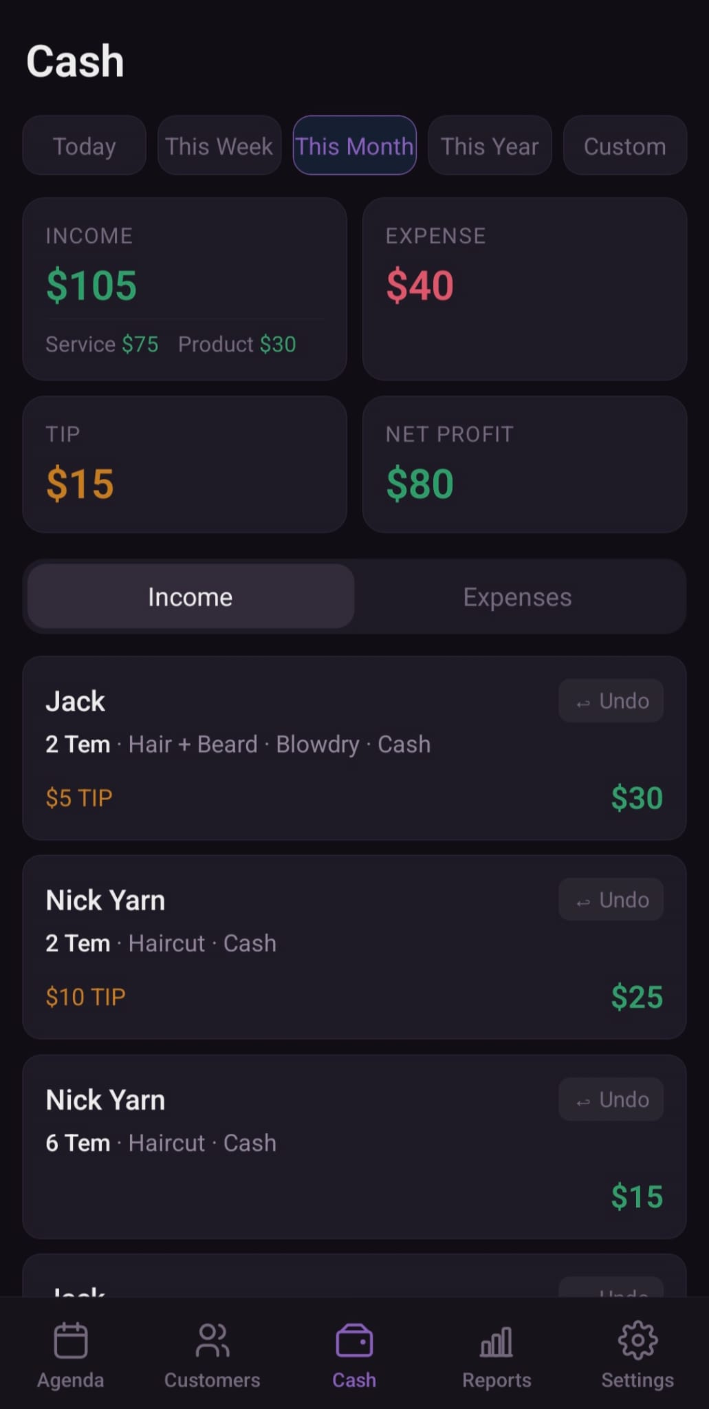 BarberNote cash screen