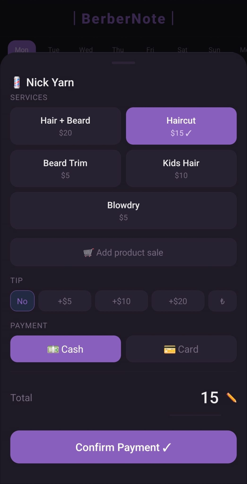 BarberNote checkout screen