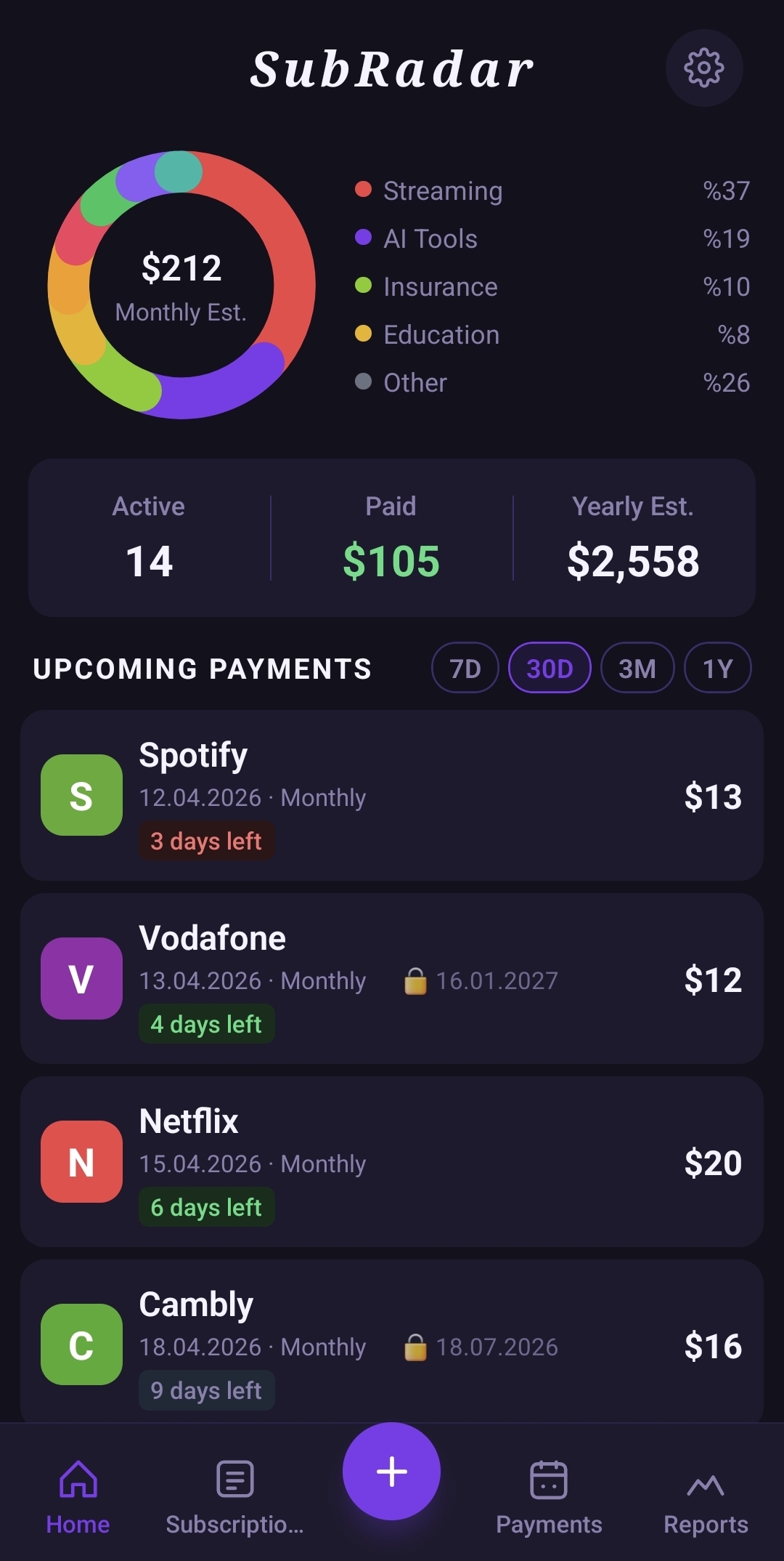 SubRadar home screen